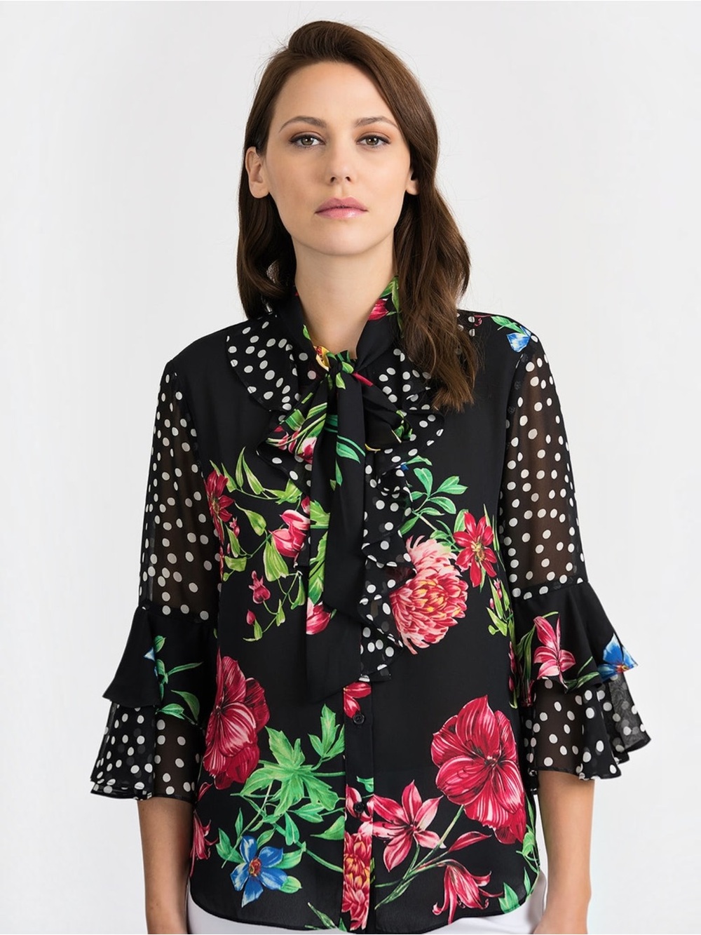 Joseph Ribkoff Mixed Media Floral Polka Dot Ruffle Tie Neck Blouse Size 8 - Picture 1 of 14
